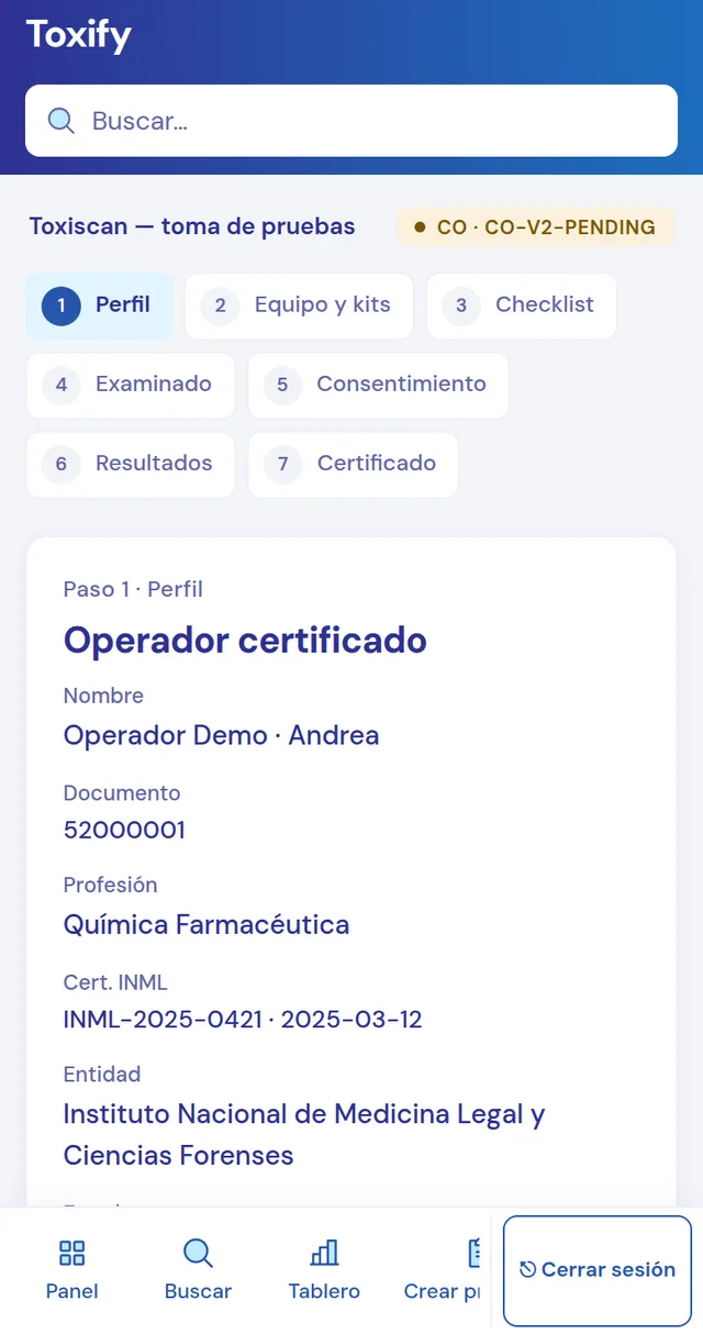 ToxiScan en un teléfono, datos de demostración