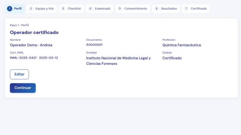 Pantalla real de la plataforma con datos de demostración (ficticios).